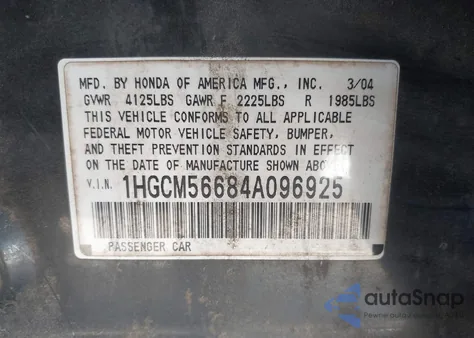 2004 Honda Accord 2.4 Ex from USA, damaged, VIN 1HGCM56684A096925